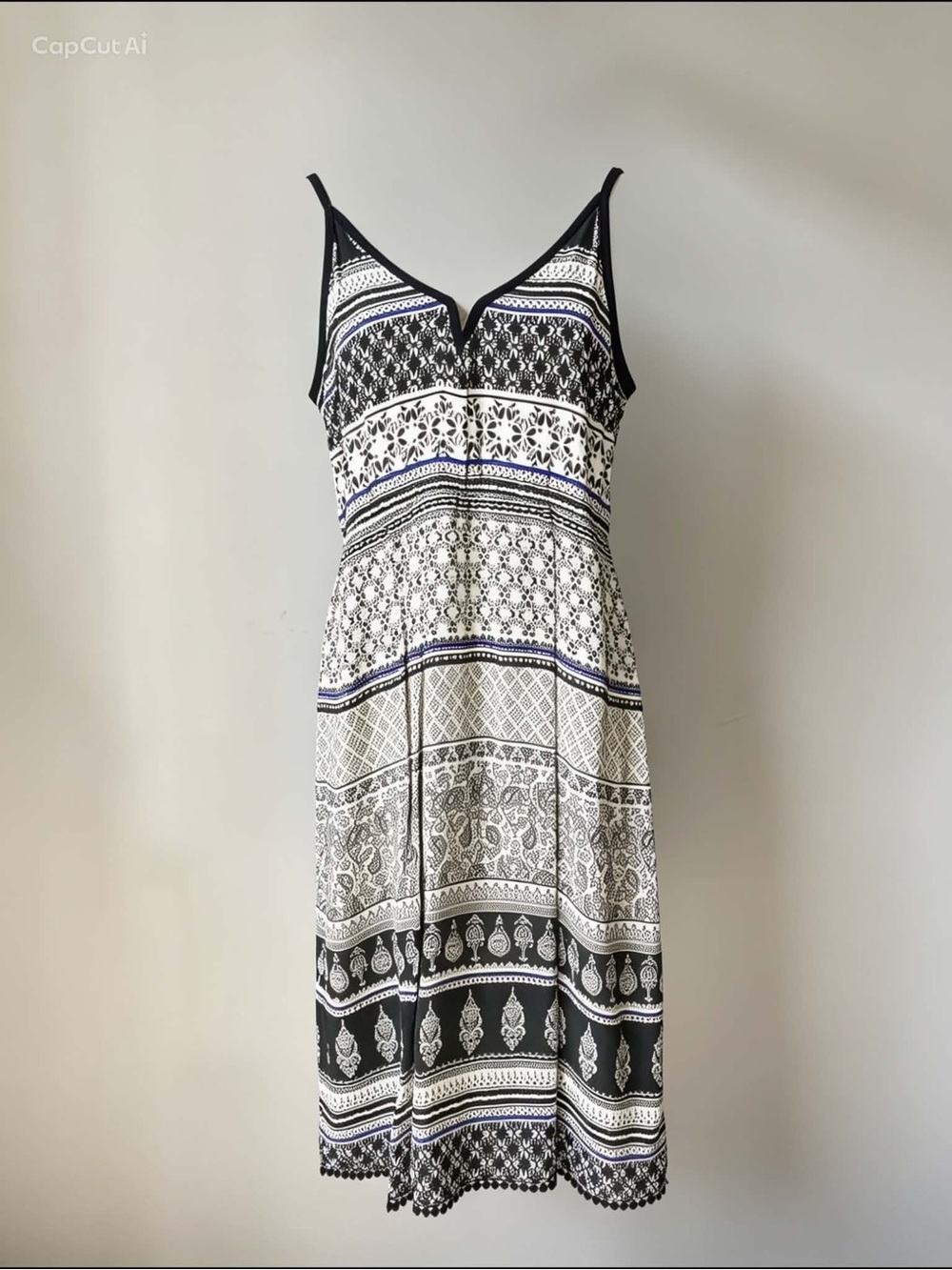 twik Black, White & Navy Patterned V-Neck Midi Dress